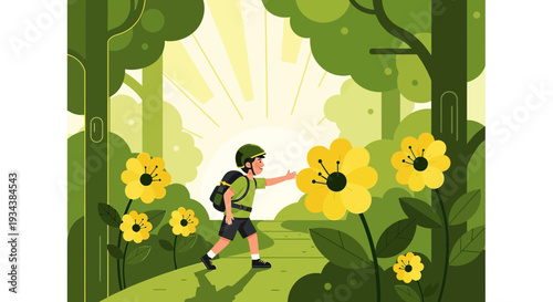 Boy hiking in a sunny forest with yellow flowers, nature exploration