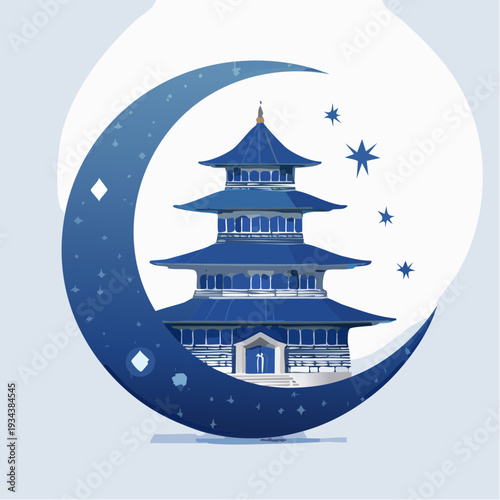 Blue Pagoda Temple on a Crescent Moon with Sparkling Stars - An Emblem of Mystical Asian Culture and Spirituality