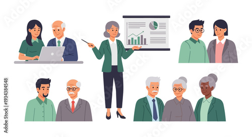 Diverse Business People Vector Illustration Set: Multi-Generational Teams Collaborating, Presenting, Learning, and Mentoring for Financial Planning.
