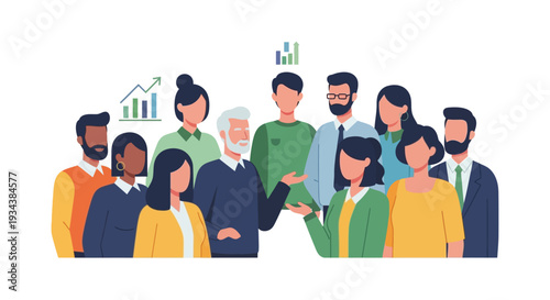 Diverse Business Team Collaboration Discussing Growth Strategy with Data Trends - Flat Vector Illustration