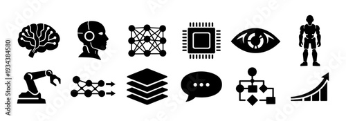 Artificial Intelligence and Machine Learning Silhouette Icon Set – AI, Neural Network, Robotics, Data Science, Automation