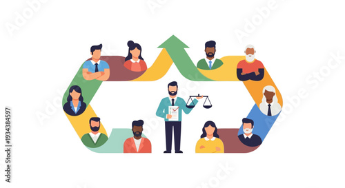 Diverse People Flow in a Fair Process with Mediator, Scales of Justice, and Checklist. Representing Equality, Arbitration, HR, Legal Rights, and Inclusive Decision-Making.
