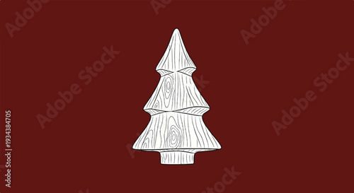 A stylized, carved wooden Christmas tree on a plain maroon background