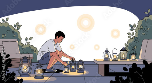 Boy lighting lanterns outdoors at dusk with glowing lights and plants