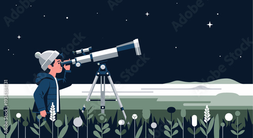 Boy looking through telescope at starry night sky, flat design illustration