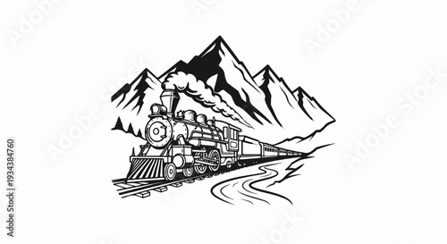 A vintage steam train travels through a mountainous landscape