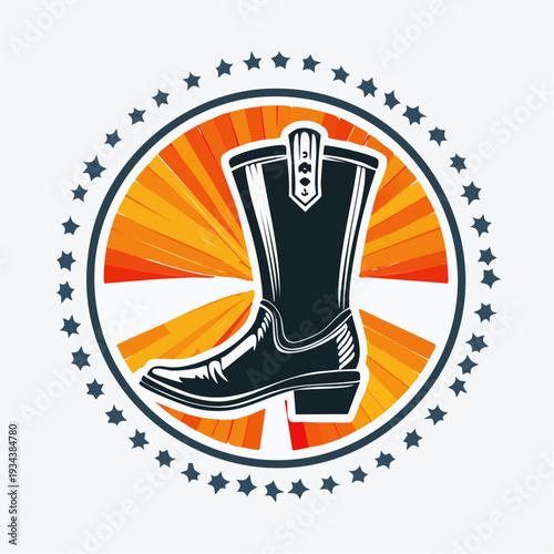 Cowboy Boot Emblem with Star Border and Sunburst Background