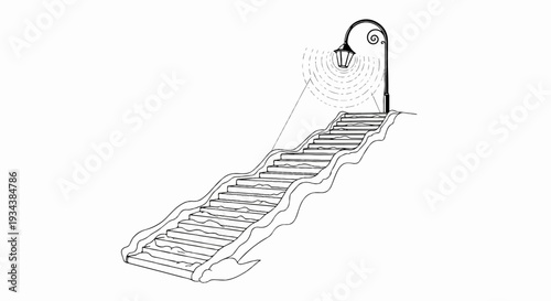 A winding staircase ascends towards a lit lamp post, indicating a path