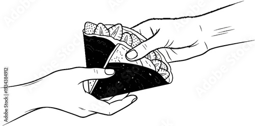 Two hands exchanging a slice of cake with strawberries and dark frosting