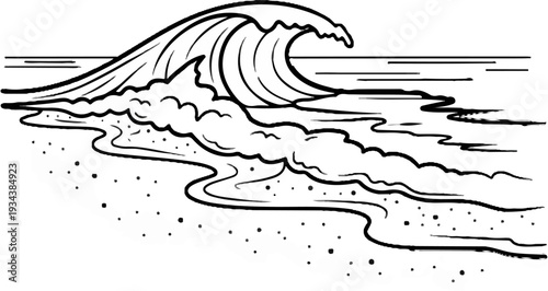 Black and white line art of a crashing wave onto a sandy beach