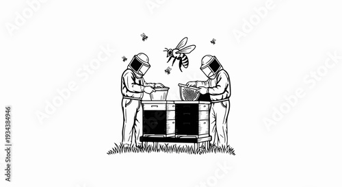Two beekeepers in protective suits tend to a hive, with bees buzzing around them