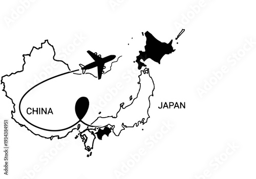 An airplane flies from China to Japan over a map depicting both countries