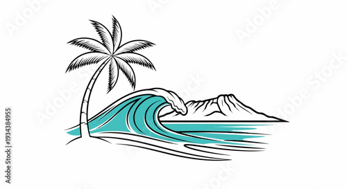 Tropical scene with a breaking wave, palm tree, and distant mountain