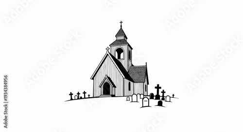 Black and white sketch of a church with a graveyard, isolated on white