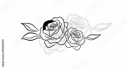 Black and white line art of two roses with leaves and blurred background roses