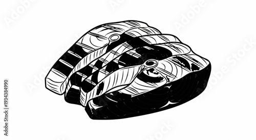 Three stylized, black and white drawings of raw fish steaks, arranged in a cluster
