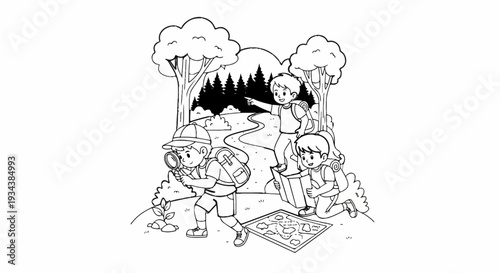Three children explore a forest path with a map and magnifying glass