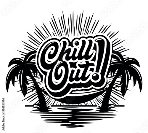 Sticker Chill out on the beach summer holiday, relax in hammock under palm trees. Vector template on transparent background