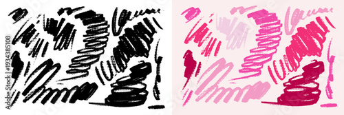 Hand drawn ink brush scribbles, messy doodles, rough sketch swirls. Freehand chaotic squiggles, abstract scribble marker drawings vector set various colors.