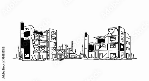 Stylized line art depicts a desolate urban landscape of ruined buildings