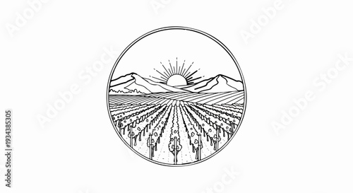 Stylized circular emblem of a vineyard at sunrise with mountains in background