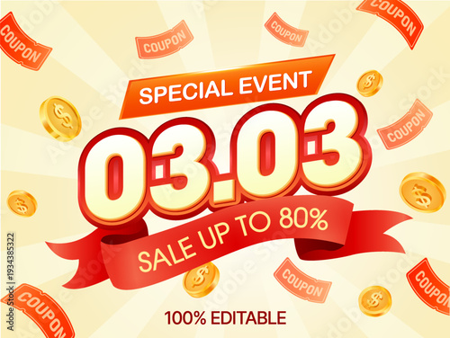 Bright 3.3 super sale event banner, featuring bold yellow numbers, March 3 Sale text, flying coupon tickets, sparkling stars, and a bright blue rays background. 3d vector. Vector illustration