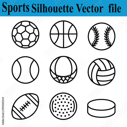 Black line sports icons set including soccer ball basketball baseball tennis ball