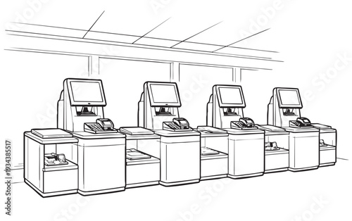 Self-service checkouts machines black line sketch