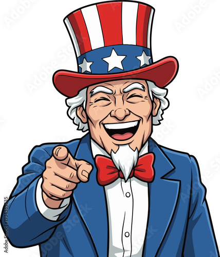Uncle Sam pointing finger, patriotic American symbol, happy cartoon character.