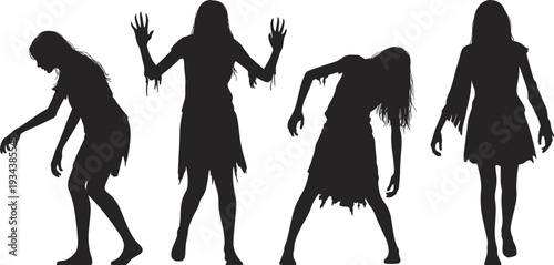 Creepy zombie woman silhouettes set isolated on white background black vector illustration featuring scary undead female characters for horror Halloween design
