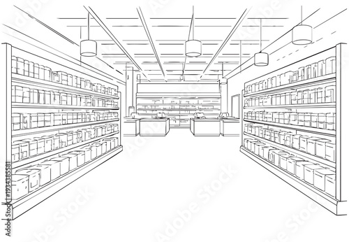 supermarket area sell various products sketch drawing,Modern design,vector