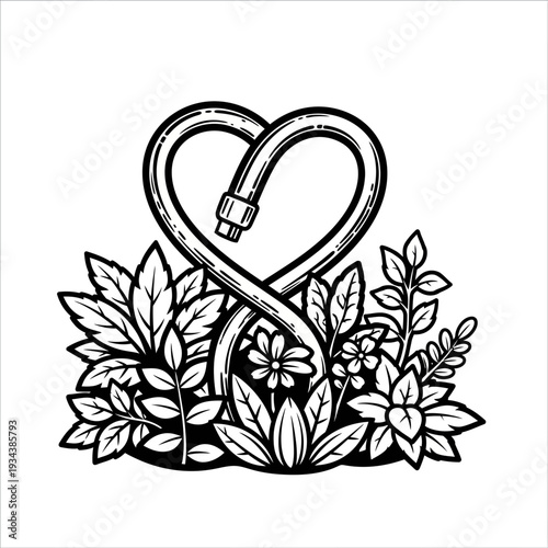 Heart-shaped garden hose with blooming flowers and green leaves, love for gardening concept
