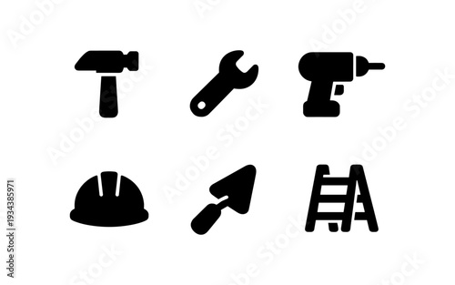 Essential construction tools and equipment icons in silhouette design