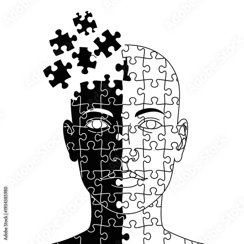 Human Head Puzzle Pieces Falling Apart, Symbolizing Memory Loss, Mental Health, and Brain Function
