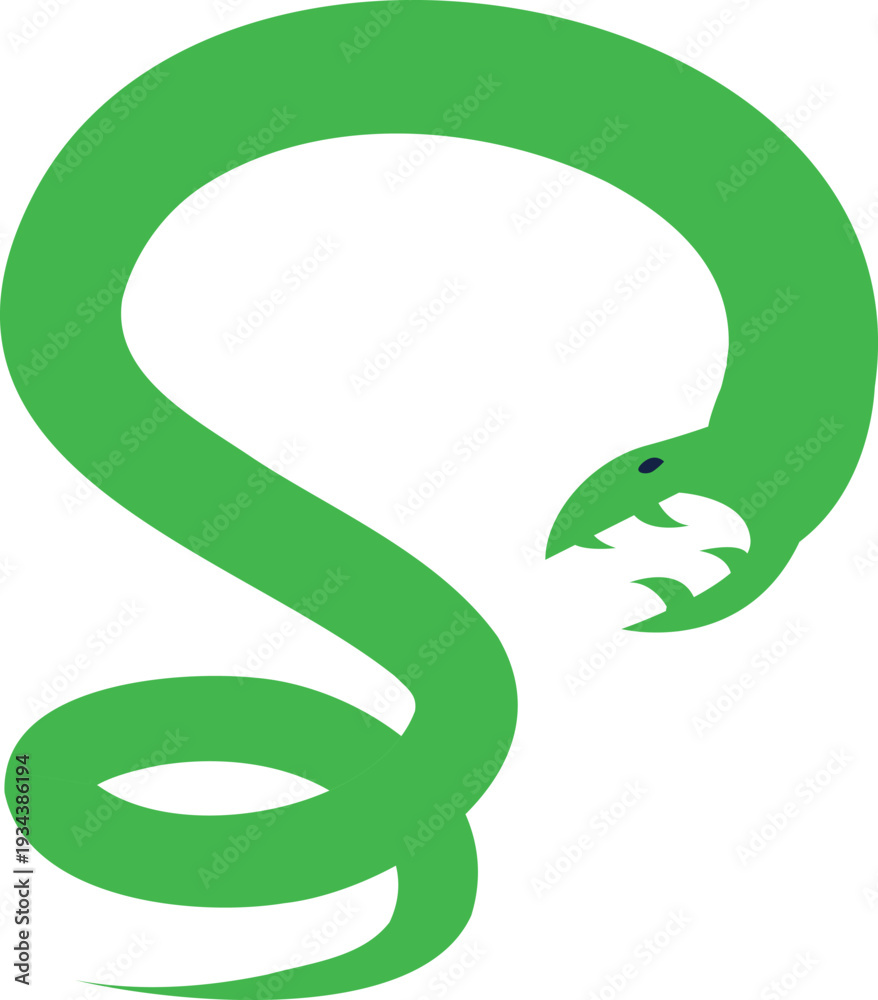 Obraz premium A vector cartoon illustration of a green mamba snake with scales, open mouth and sharp teeth ready to bite