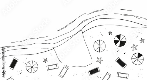 Black and white illustration of a beach scene with umbrellas, towels, and starfish