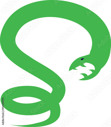 A vector cartoon illustration of a green mamba snake with scales, open mouth and sharp teeth ready to bite

