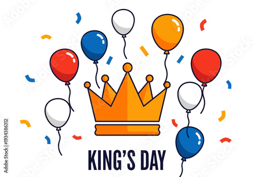 Golden Crown Surrounded by Balloons and Confetti for Kings Day Celebration.