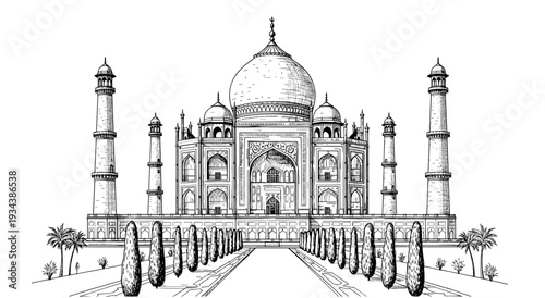 Taj Mahal vector illustration, Agra India landmark with marble dome and minarets, black and white architectural sketch on white background.