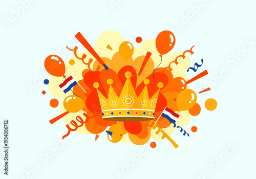 Golden Crown Surrounded by Orange Explosions and Dutch Flags.