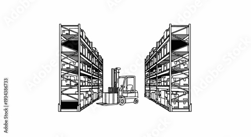 Forklift truck between rows of shelving units laden with boxes in a warehouse