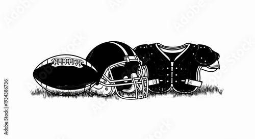 Football equipment laid out on grass, black and white illustration