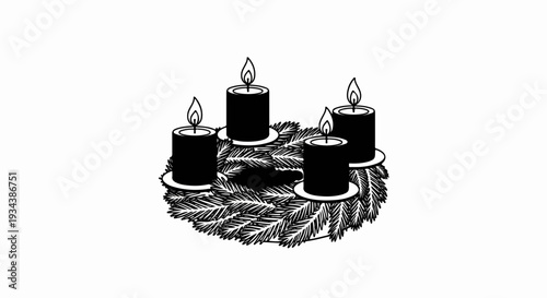 Four lit candles on a festive evergreen wreath, a holiday decoration