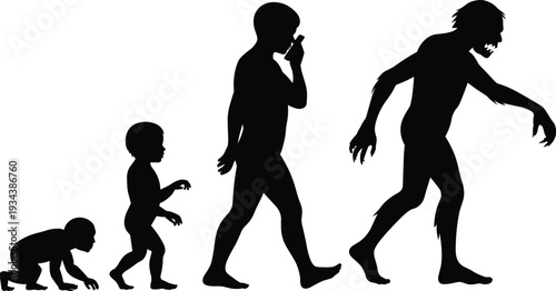 Human evolution to zombie silhouette concept isolated on white background, progression from baby to undead monster, horror apocalypse vector illustration