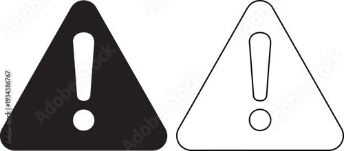 vector icon set features a warning triangle with an exclamation mark, symbolizing caution, danger, or an error alert in both solid black silhouette and line outline styles.