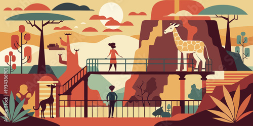 Stylized african savanna scene with giraffe people and landscape elements