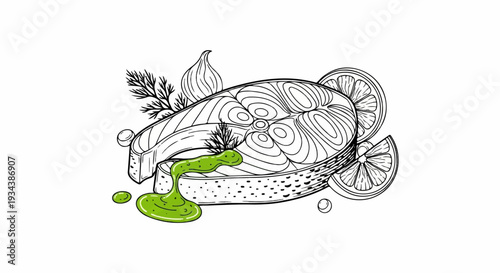 Hand-drawn illustration of a salmon steak with lemon slices and herb garnish