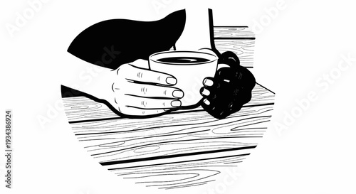 Hands holding a steaming cup of coffee and a dark pastry on a wooden table