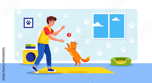 Boy Playing With Orange Cat In Cozy Room, Pet Care Illustration