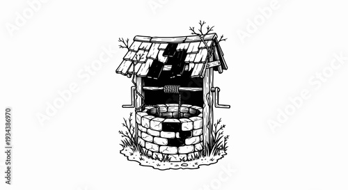 Illustration of an old, dilapidated stone and wood well with a rope and crank
